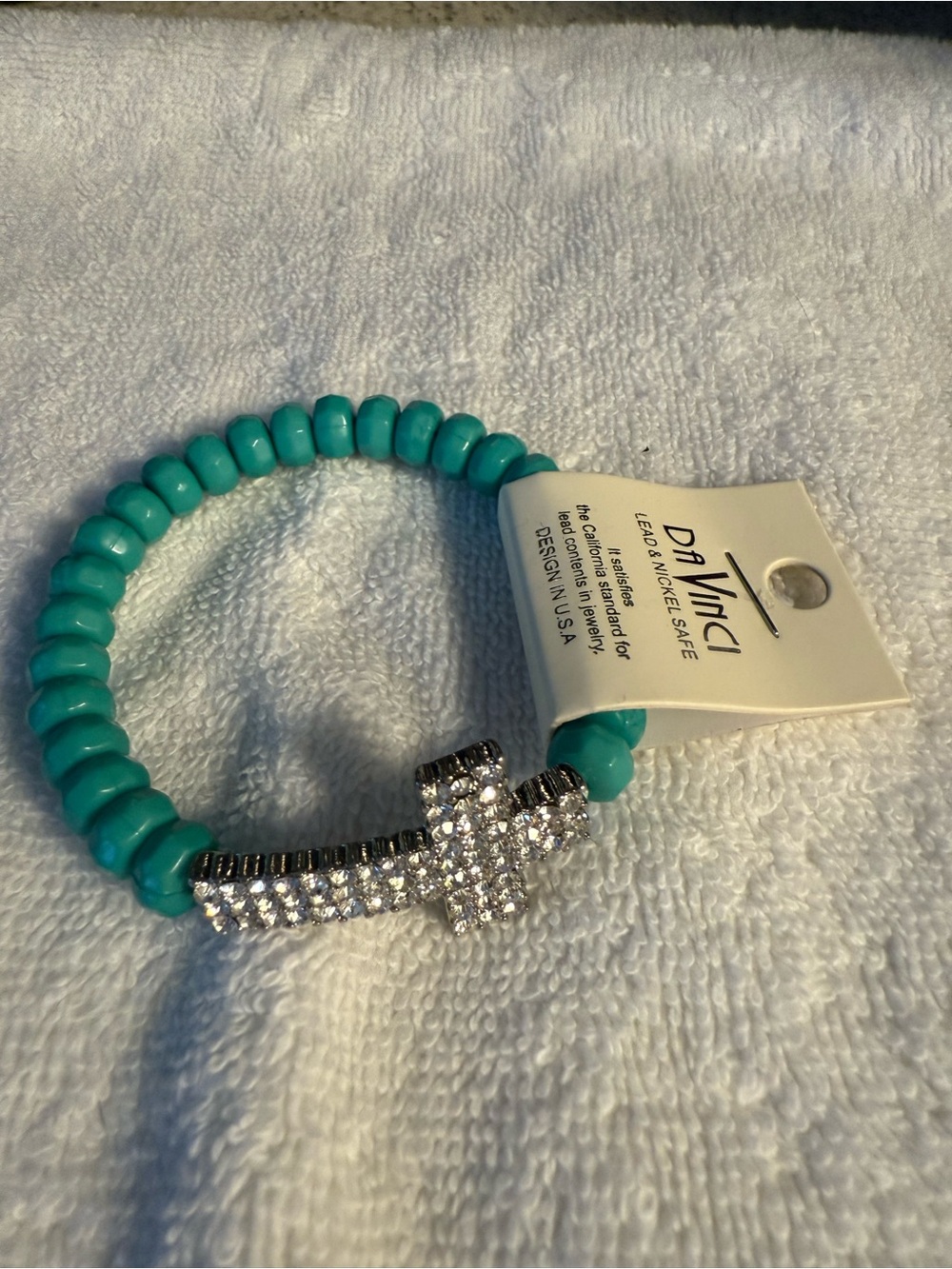 DaVinci Turquoise Beaded Bracelet with Crystal Cross Accent